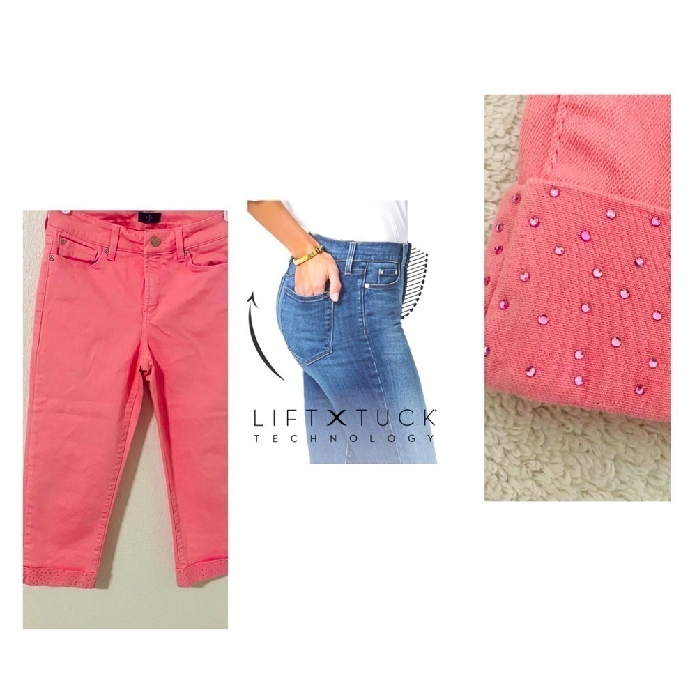 NYDJ Sz 4 Lift Tuck Technology Pink Stretch Crop Jeans Embellished Cuffs NWOT